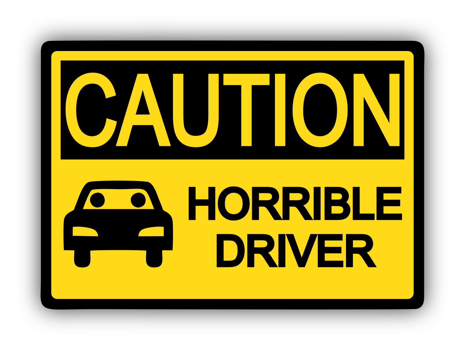 A pass on sticker showing a car with a bad driver on it