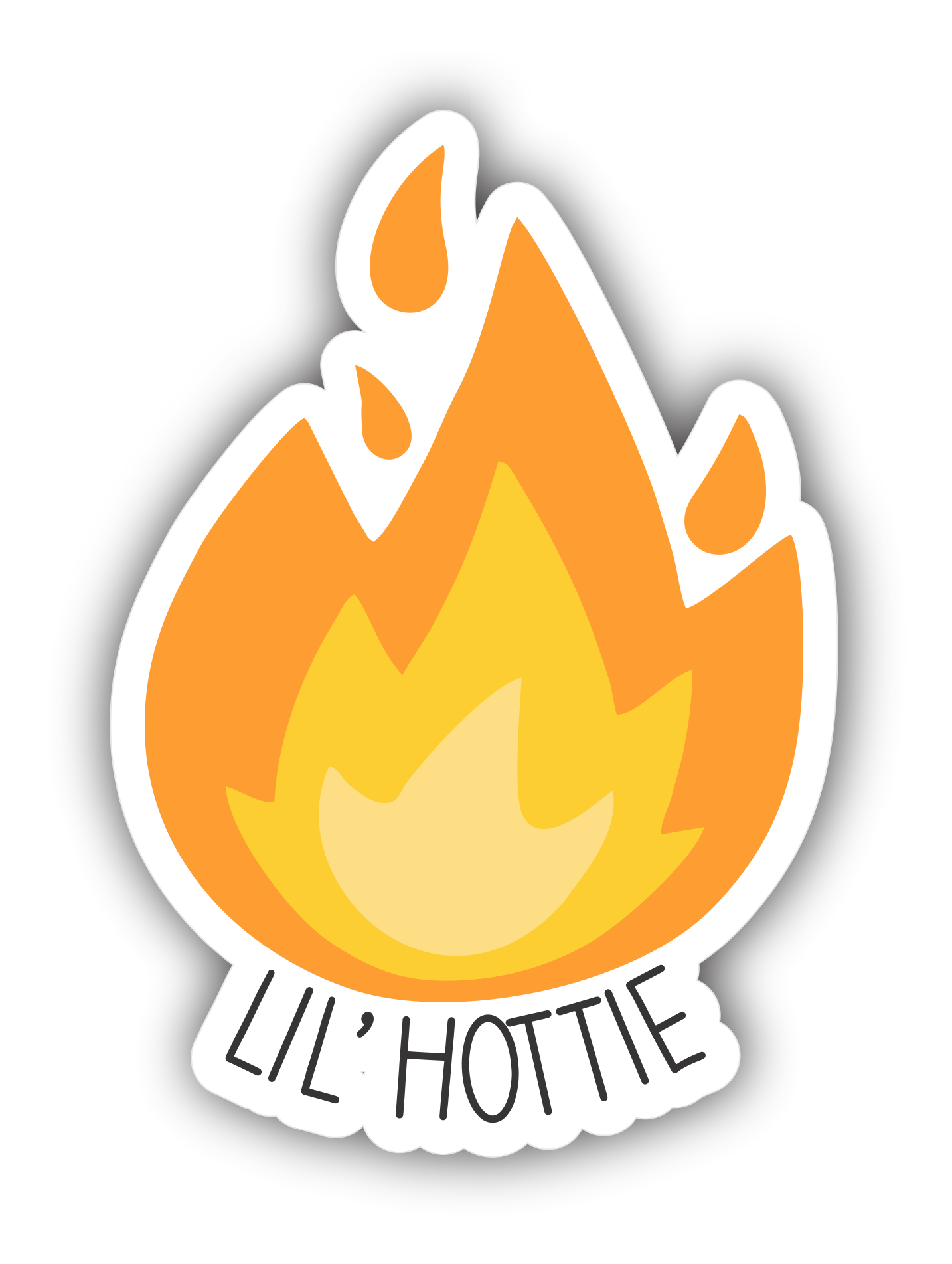 A sticker with a flame with the text lil' hottie underneath it